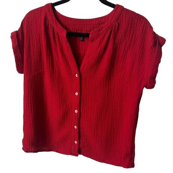 Talbots Womens Red Cotton Gauzy Button Front Cap Sleeves V Neck Top XS - Picture 2 of 6